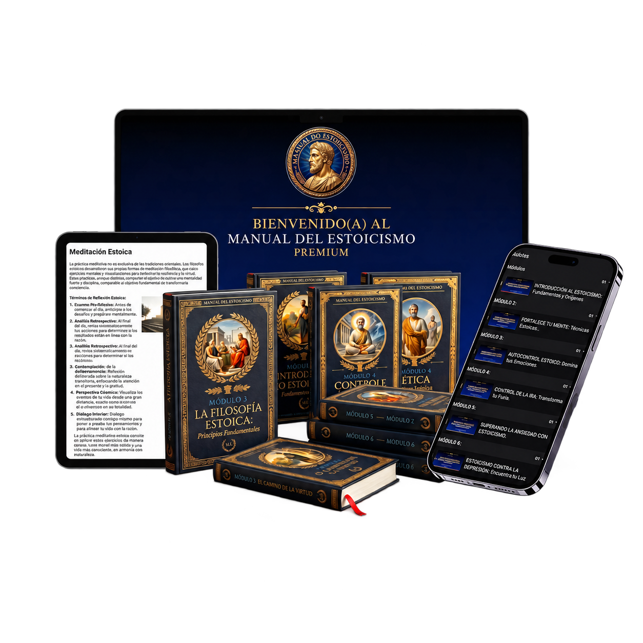 Manual del Estoicismo Premium en computadora, tableta y celular